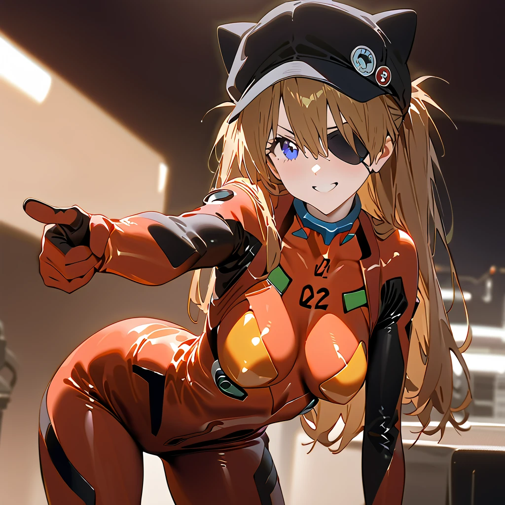         top quality,         top quality,        High-quality images       ,     masterpiece  ,             super high resolution      ,            detailed background    ,            absurd,          Perfect Anatomy     ,     ,     good lighting    ,         Photo Gallery    ,           Neon Genesis Evangelion 、 Shikinami Asuka Langley、 red plug suit 、 eye patch、(Cat hat、black)、smile、Pointing at the viewer