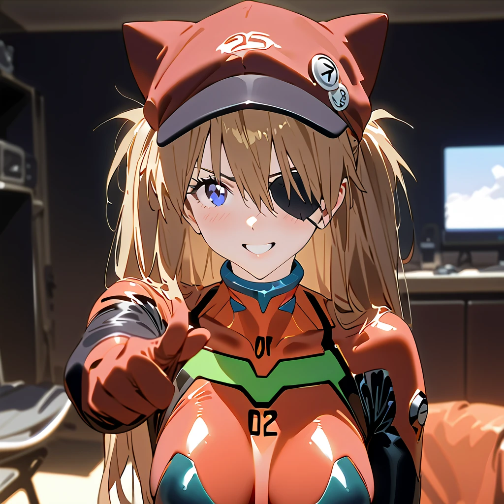         top quality,         top quality,        High-quality images       ,     masterpiece  ,             super high resolution      ,            detailed background    ,            absurd,          Perfect Anatomy     ,     ,     good lighting    ,         Photo Gallery    ,           Neon Genesis Evangelion 、 Shikinami Asuka Langley、 red plug suit 、 eye patch、(Cat hat、black)、smile、Pointing at the viewer