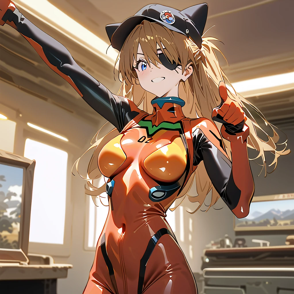         top quality,         top quality,        High-quality images       ,     masterpiece  ,             super high resolution      ,            detailed background    ,            absurd,          Perfect Anatomy     ,     ,     good lighting    ,         Photo Gallery    ,           Neon Genesis Evangelion 、 Shikinami Asuka Langley、 red plug suit 、 eye patch、(Cat hat、black)、smile、Pointing at the viewer