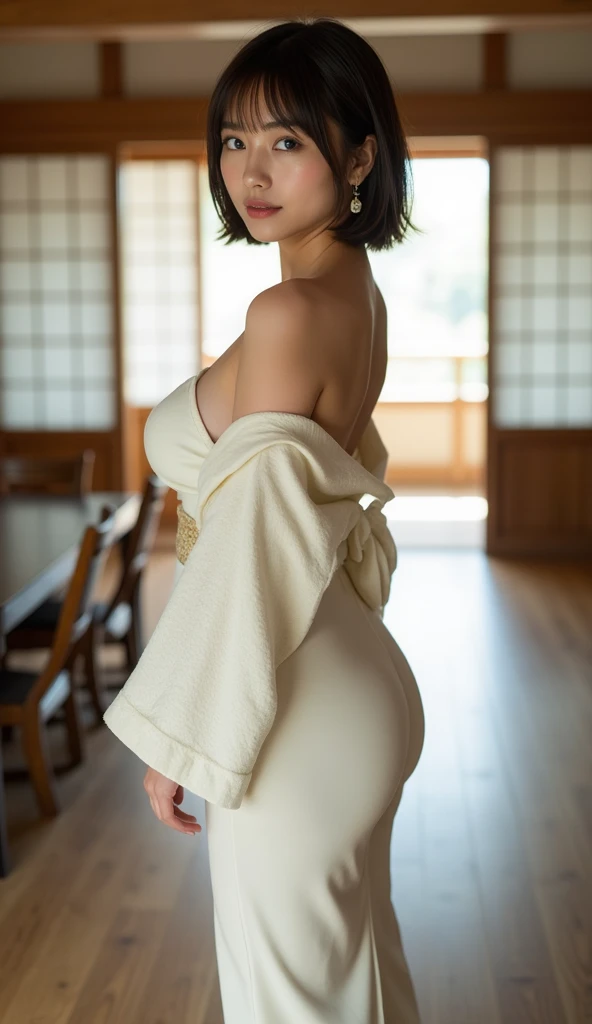 19 years old 、bangss、((( Yukata)))、Medium milk, cute  face、(Butt sticking out pose)、(turned around)、sexy hips、箱根の老舗旅館、Photos showing the whole body茶髪, 