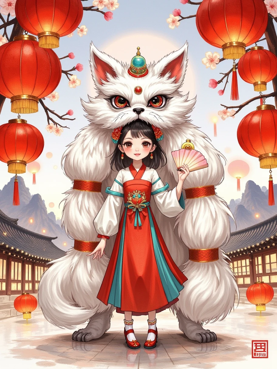 (anthropomorphism:1.5), Ink wash painting, (Chinese White Female fox demon, Nine huge fox tails, In the middle), white background, scenery, ink, mountains, water, trees, Oriental elements, Chinese traditional color matching, ( Clear lines, masterpiece, official art, movie lighting effects, 4K )