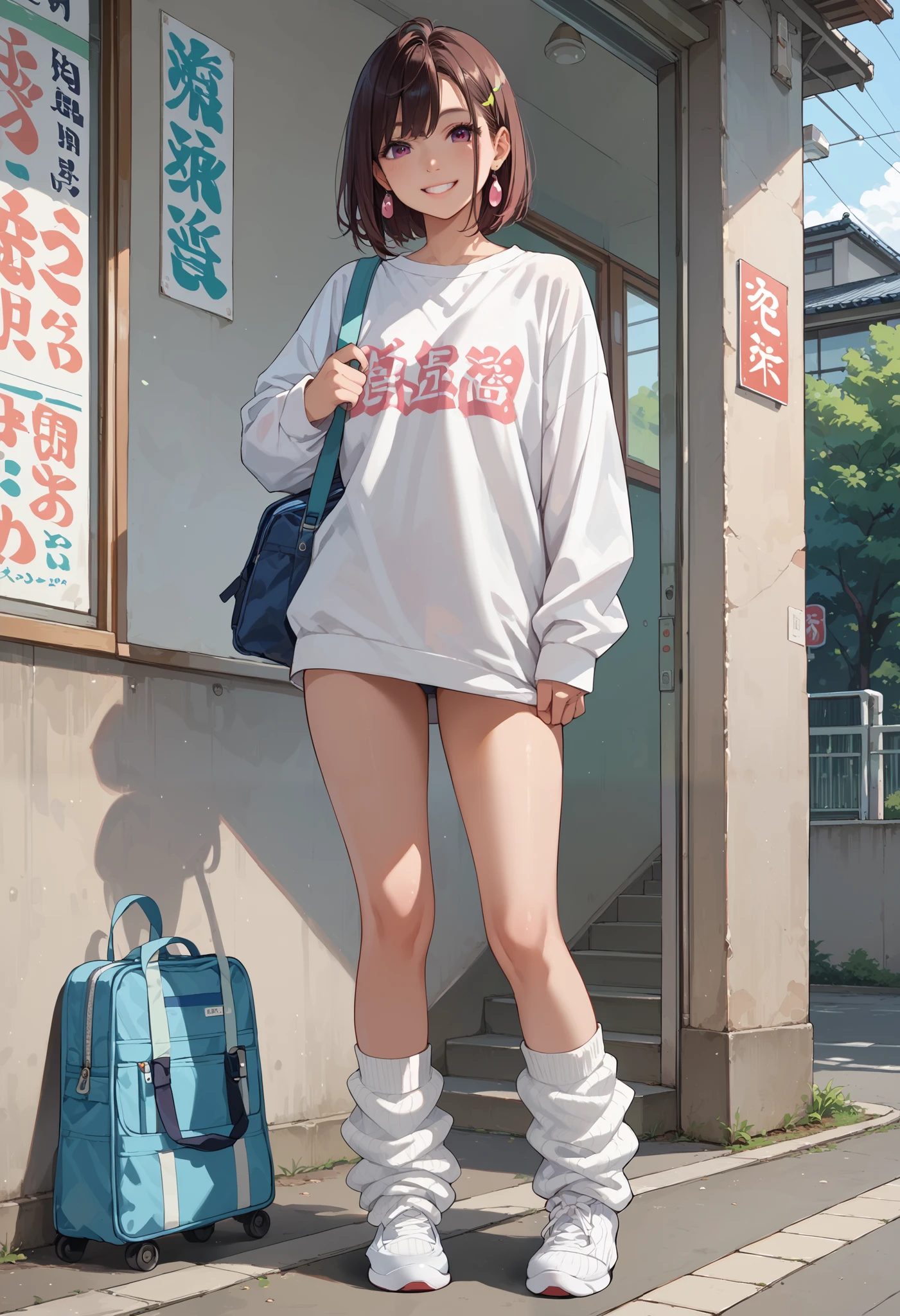 high school girl,,(( full body shot )),(( standing)), are wearing loose socks、Japan, HAVE TOO EXPOSED SKIN ,smile、