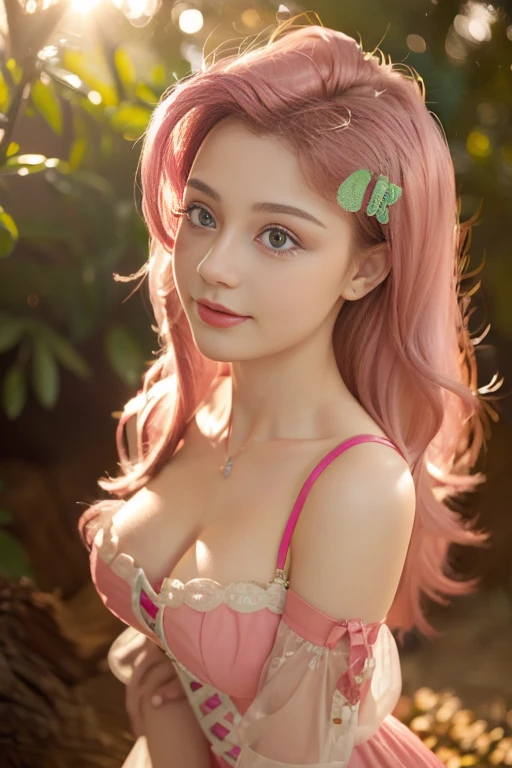 ( The best quality , 4k, 8K,  high resolution ,  masterpiece:1.2), ultra detailed, detailed face, Detailed lips and eyes............, Cute makeup , Attractive appearance, expressive face, realistic,
BREAK   ,Beautiful Caucasian woman with shoulder length messy wavy pink hair, , big blue eyes, light skin, Slim and athletic, hair that covers one eye,
BREAK  (dynamic pose),   big breasts , excited expression,  The soft sunlight illuminates the scene ,  Subtle wind movement in the hair ., happy expression, gloomy atmosphere, friendly,  Natural lighting that highlights your features ...........,  Subtle shadows that add depth and dimension to the image ..........., (maduro)  noisy,  mlp Fluttershy   , Long pink fur , pink hair  , elegant dress , low cut dress , neckline  ,  big breasts , forest , butterflies ,  Whole body , happy  ,1 patient  , medium breasts , forest , Sunny day , cute animals, country clothes ,  has a butterfly ornament in your hair  , casual attire , beautiful dress , happy , nice smile , vestido de navidad , vestido rojo navideño , navidad 