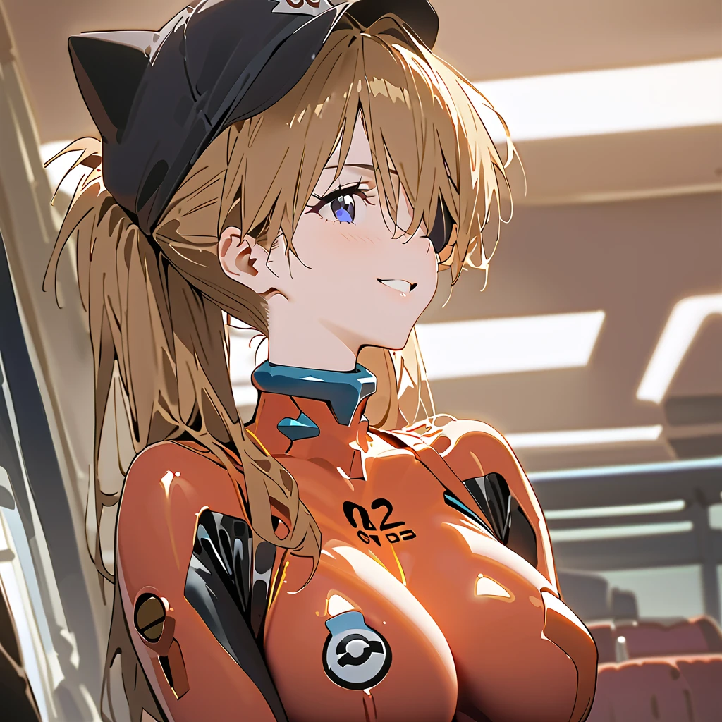         top quality,         top quality,        High-quality images       ,     masterpiece  ,             super high resolution      ,            detailed background    ,            absurd,          Perfect Anatomy     ,     ,     good lighting    ,         Photo Gallery    ,           Neon Genesis Evangelion 、 Shikinami Asuka Langley、 red plug suit 、 eye patch、(Cat hat、black)、smile、