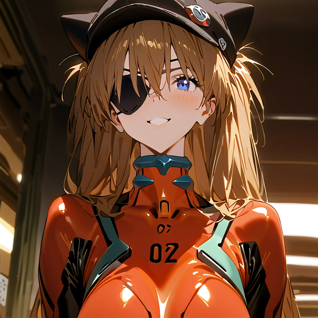         top quality,         top quality,        High-quality images       ,     masterpiece  ,             super high resolution      ,            detailed background    ,            absurd,          Perfect Anatomy     ,     ,     good lighting    ,         Photo Gallery    ,           Neon Genesis Evangelion 、 Shikinami Asuka Langley、 red plug suit 、 eye patch、(Cat hat、black)、smile、