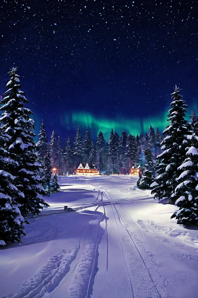 A snowy city, huge pines, star sky, aurora boreal, night, dark, white snow, city, happy, no people