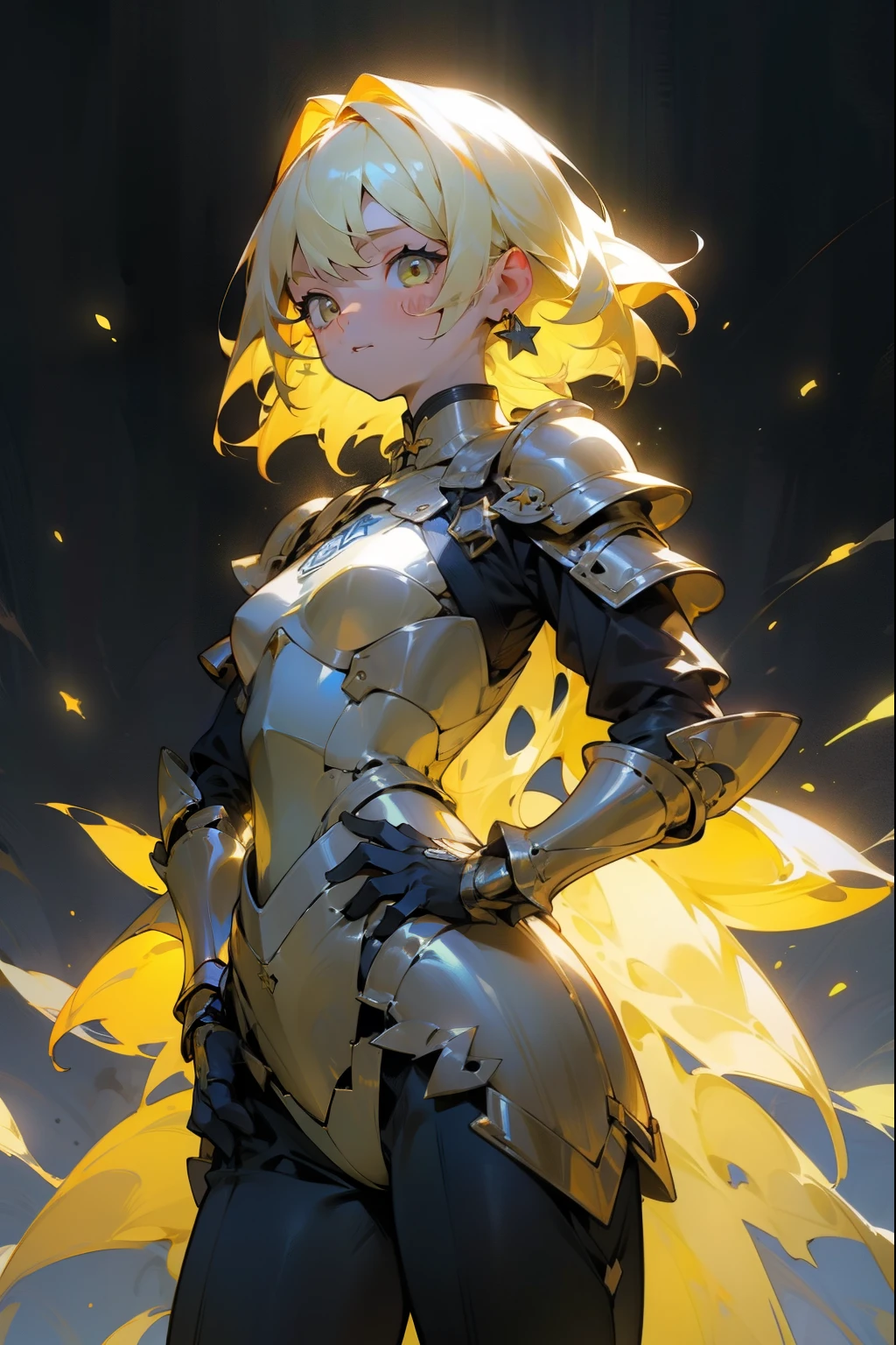  one woman、 One Woman , No Emotion、Fantastic look, masterpiece,  top quality,  high definition , One Woman 性, Alone,  yellow hair , place your hands on your hips 、armor、重いarmor、 place your hands on your hips、 One Woman 性,黒と黄色のarmor、 Alone,  yellow hair ,  dark background , starlight, star,