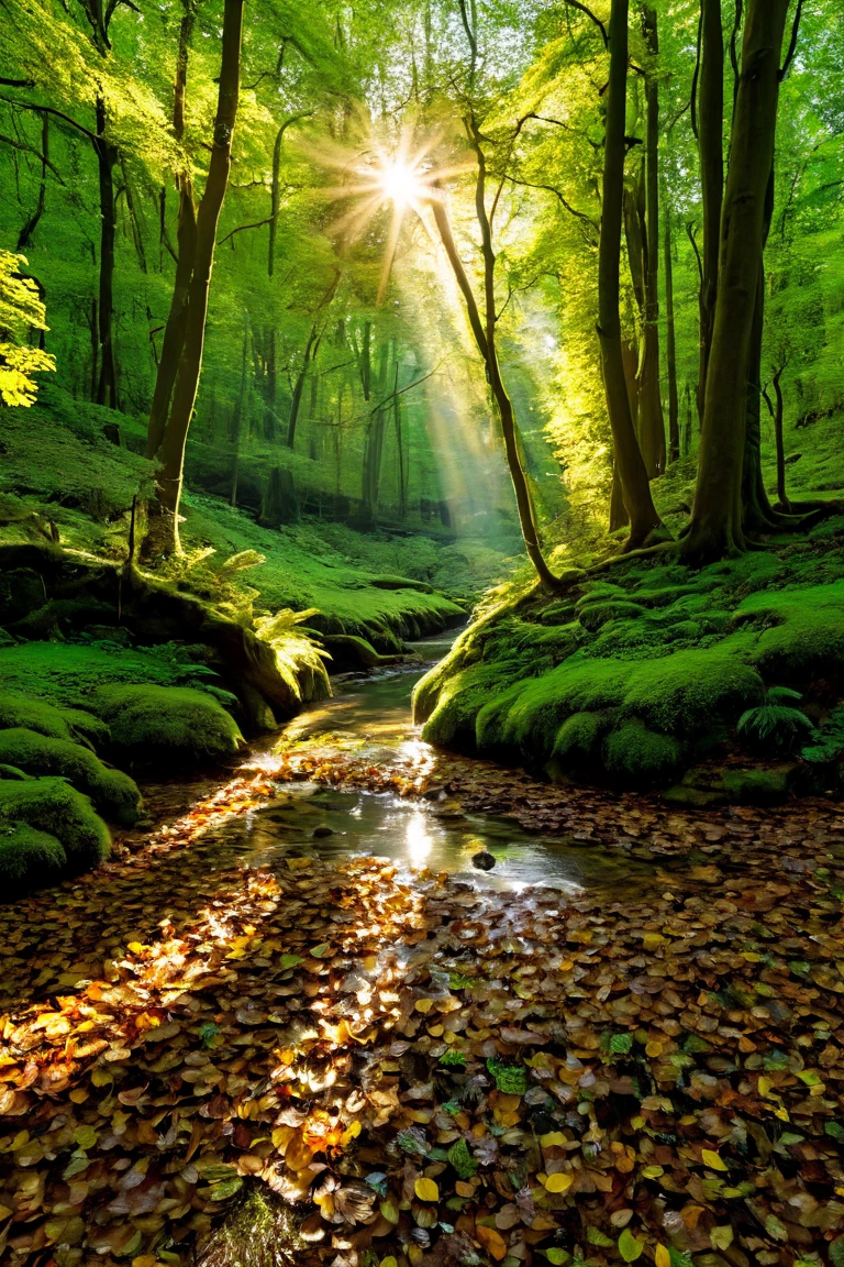 A dense forest at dawn, with golden sunlight streaming through the canopy of tall trees. The forest floor is covered with dry leaves and vibrant green moss. A crystal-clear stream winds through the middle of the scene, reflecting the blue sky and surrounding trees. Small animals, such as squirrels and colorful birds, are scattered naturally, adding life to the setting. A soft mist lingers in the background, creating a peaceful and harmonious atmosphere that feels deeply connected to nature.