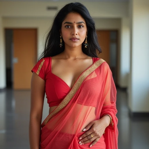 Hot and sexy indian aunty, gigantic breasts, cleavage, in blouse and paavada showing medium chubby navel and cleavage standing in laboratory (afternoon time), standing & model pose, beautiful body, masterpiece, ultra realistic,detailed, 16 k , Film type light, potrait photography,camera angle front, looking at viewer, navel exposes, milfy figure