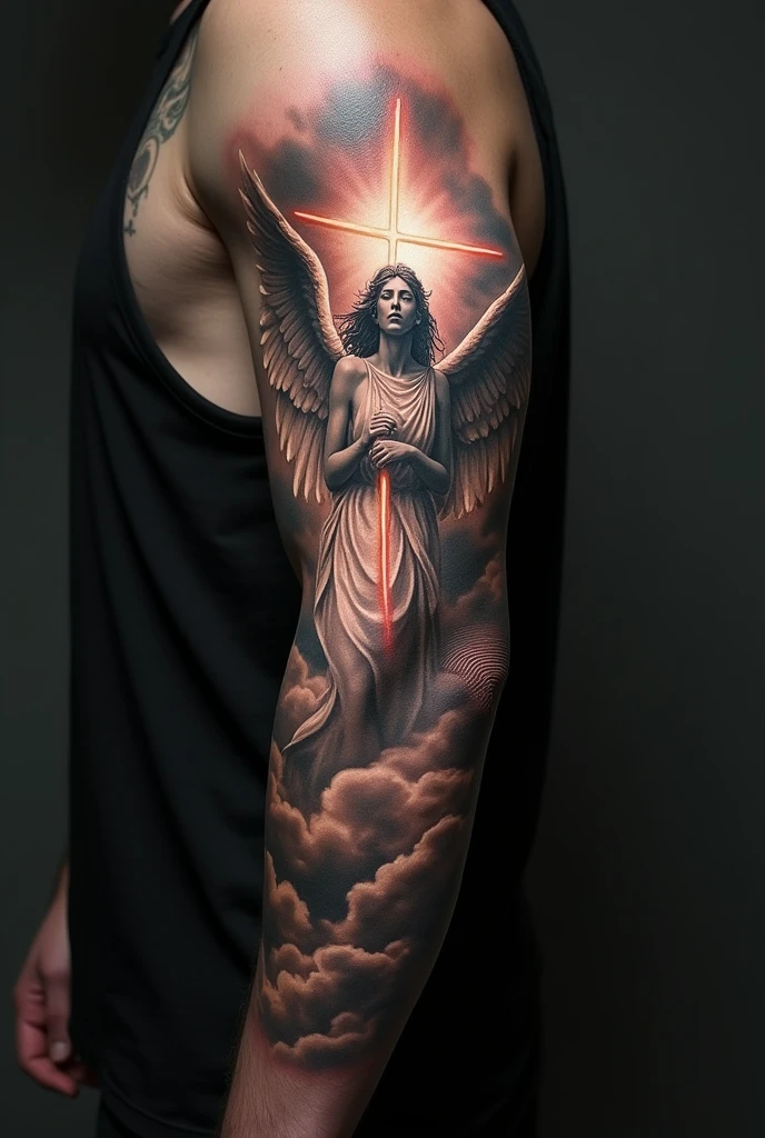 a close up of a tattoo of an angel sitting on a stone, realism tattoo design, realism tattoo, hyper realistic shaded tattoo, 3 d design for tattoo, realistic detailed masterpiece, realism tattoo sketch, realism tattoo drawing, super intricate realism, by Tom Wänerstrand, black and grey tattoo style, dark and realistic, tattoo art, angel sitting on a rock, with a busty redhead girl next to him with pale skin and green eyes.