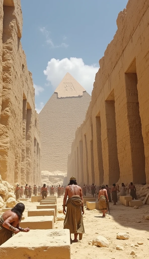 A detailed view of workers chiseling limestone blocks near a quarry while others use levers and pulleys to position blocks in the pyramid structure