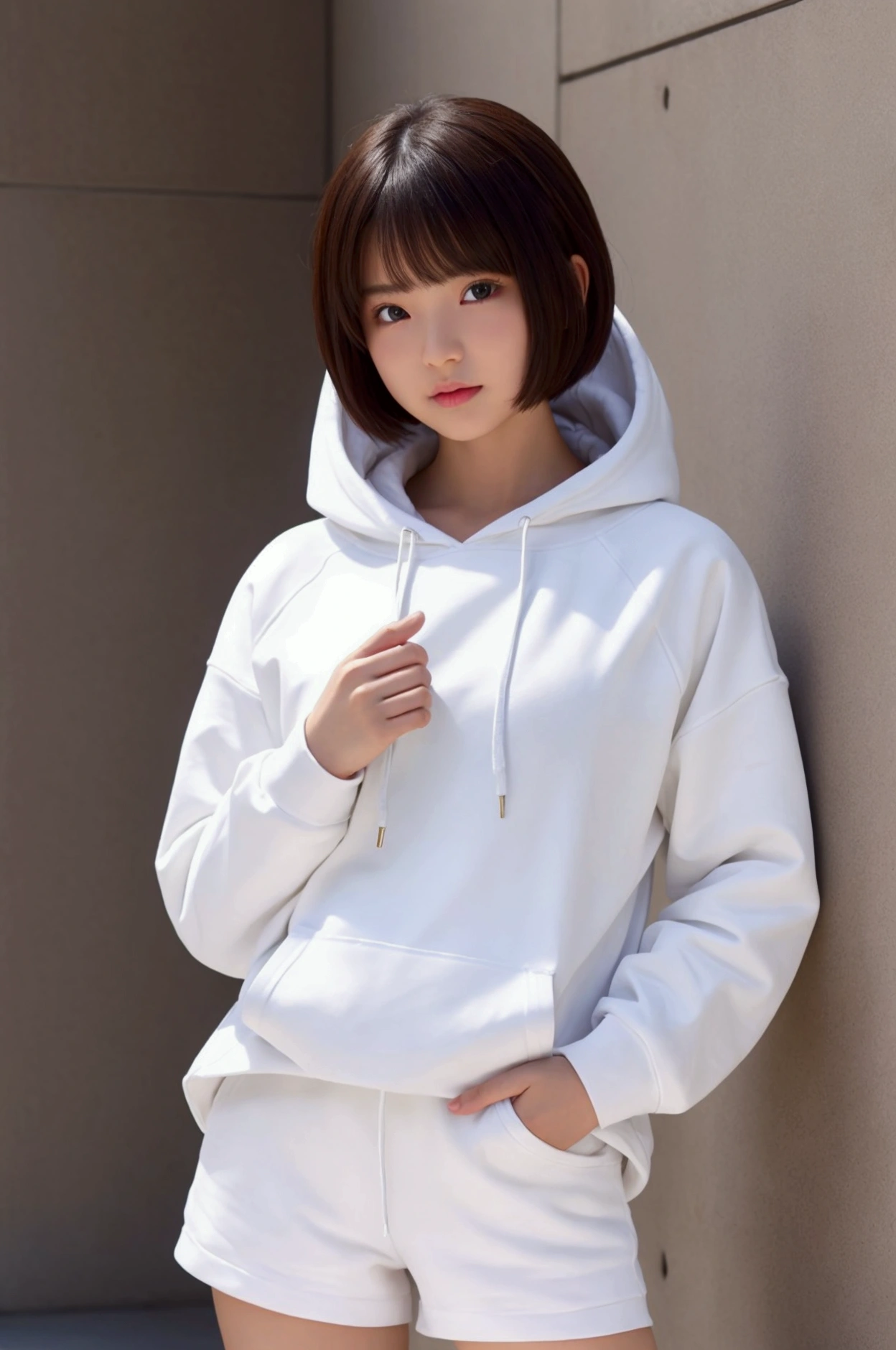  beautiful girl ,  with the white one on it ,  short hair 、Baby Face、 hoodie、 hotpants、