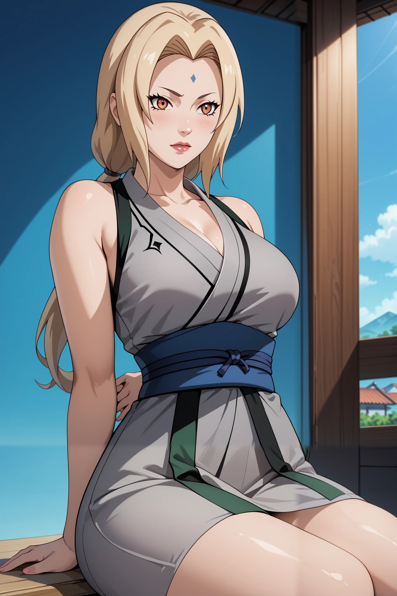 Masterpiece, extremely detailed,4k ,2D ultra graphic,anime ,solo,1girl ,stand up,tsunade,beauty face,large breasts ,grey kimono,sleeveless,sash,blue slimfit panta,body goals,slim body,slim models body,straddle,sit down,arms behind back,looking at viewers,front looks,plain white baground