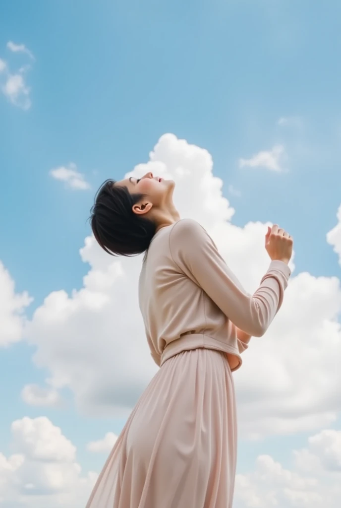 masterpiece,   top quality ,   movie stills  ,   Japanese ,  Female 1 person , Sexy Housewife,  small face , Cloud Girl,  In the sky, close,   bright  ,   happy  ,  Warm, soft light , (sunset:0.7), Open your arms、 look up at the sky without holding up an umbrella, Wife, short hair, blue sky, seashore