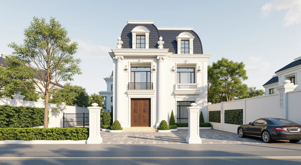 masterpiece, (photorealistic:1.2), best quality, ultra high res, exterior,architechture,modern house,white wall, glass windows,,trees,traffic road,design,trees around, blue sky,in the style of realistic hyper-detailed rendering, 32k uhd, Small Two stories Modern Neoclassicism villa, in the style of neoclassical scenes, white, (dark navy roof:1.2), daylight, decorative art nouveau, les nabis, masterpiece,ultra realistic,32k,extremely detailed CG unity 8k wallpaper, best quality
