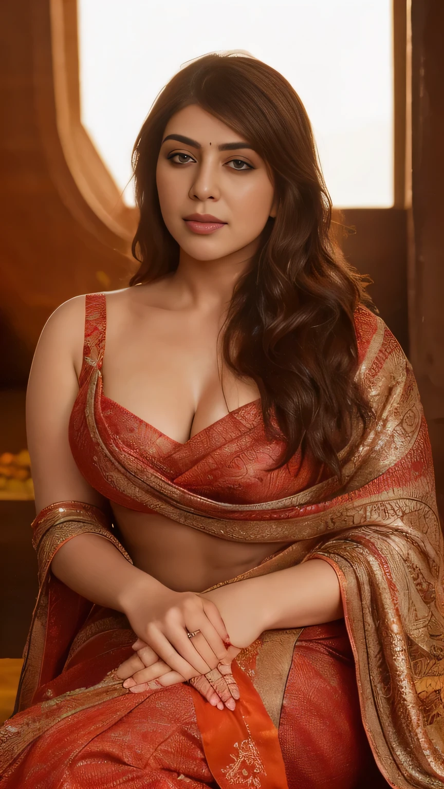 Hansika Motwani- a curvy figure model, A powerful Indian young tantric woman PORTRAIT,. EYE OPEN, SHOWING CLEAVAGE , WEARING SAREE The vibrant colors of his robes and the intricate patterns adorning HER body , rgb colour fire background. The realism of the image is striking, bright light