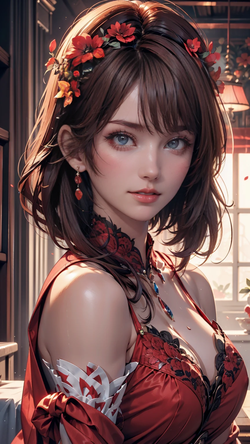 (masterpiece),(Highest quality:1.0), (Ultra-high resolution:1.0), Detailed illustrations, 8k, anime, One person, beautiful anime girl, Wearing a red dress, Flower Crown, Pretty face, Detailed face, Beautiful Eyes, Detailed eyes, Dark red eyes, Bright red lips, Red lipstick, Beautiful and stylish hair, Hair highlights, bangs anime style, Highest quality, Vibrant