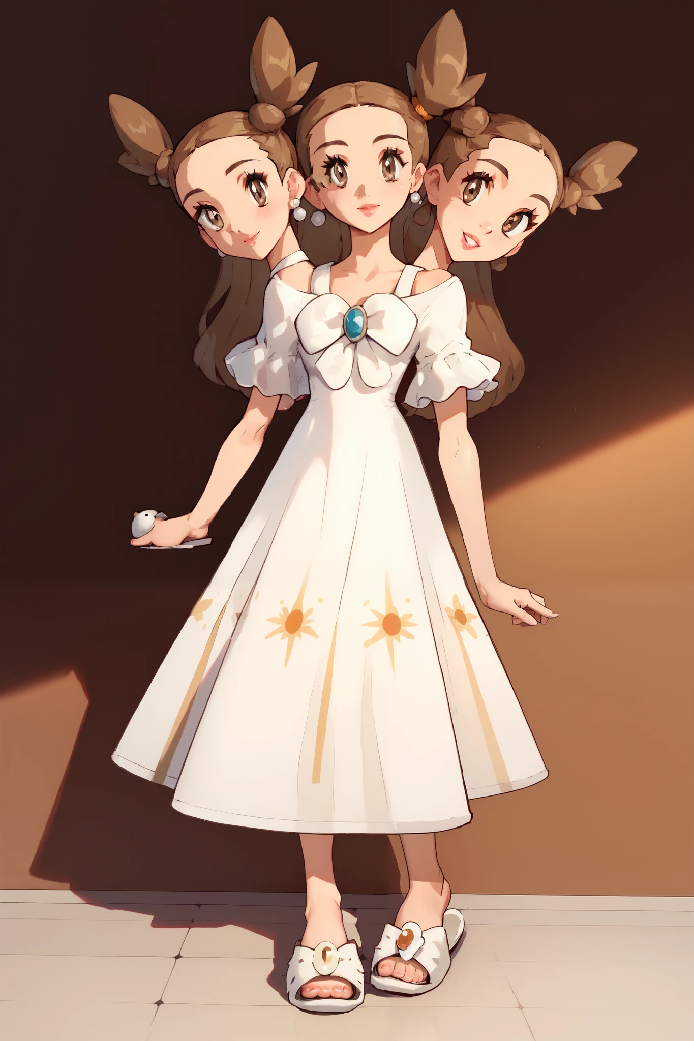 Conjoined, two heads, score_9, score_8_up, score_7_up,  EPpkJasmine,, brown eyes, brown hair, brown pigtails, light skin,, dress, white dress, no makeup, small earrings, jewelry, white dress slippers, looking at viewer,