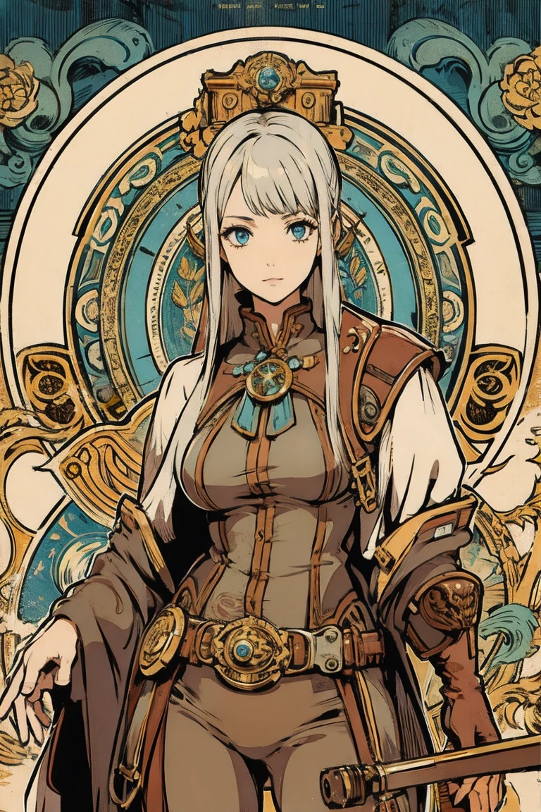 Gray Hair,  girl, cowboy shot,  blue eyes, steampunk, mucha style, top quality, masterpiece,  super high resolution , 