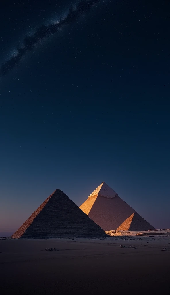 A present-day depiction of the Pyramids of Giza under a starry night sky, emphasizing their grandeur and timelessness