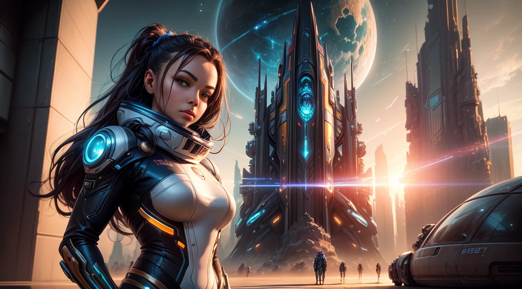 A stunning futuristic landscape dominated by nature and the beauty of astronomy. In the center, a girl is depicted from the waist up, with her back to the viewer, arms open wide, marveling at the awe-inspiring scene. The setting has a photorealistic and futuristic style with a slight influence from the aesthetics of DUNE. The background is equally important, featuring lush greenery, intricate plants, and celestial elements like distant planets and stars. The golden hour lighting casts a warm, radiant glow, creating bright highlights on metallic futuristic structures and high contrast between light and shadows. Some futuristic elements are adorned with striking, vibrant colors. The overall image evokes a sense of wonder and tranquility