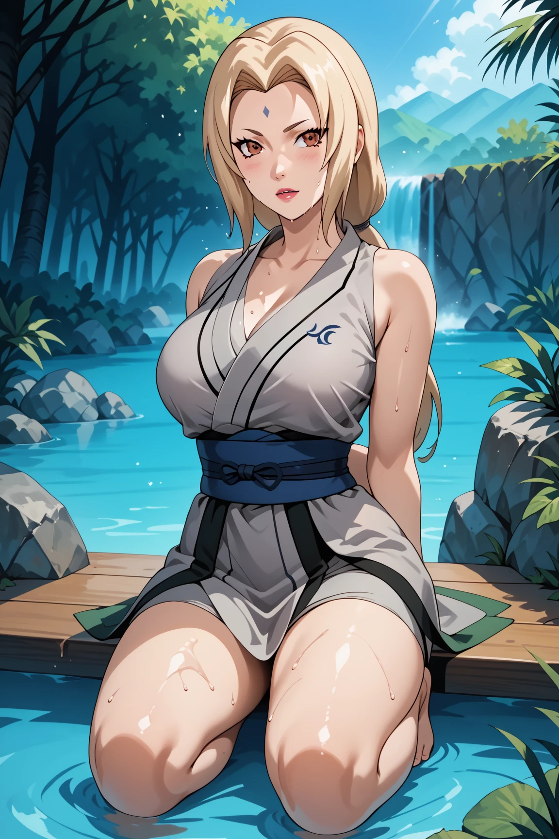 Masterpiece, extremely detailed,4k ,2D ultra graphic,anime ,solo,1girl ,stand up,tsunade,full body,beauty face,large breasts ,grey kimono,wet,sleeveless,sash,blue slimfit panta,body goals,slim body,slim models body,straddle,sit down,arms behind back,looking at viewers,front looks,plain white baground