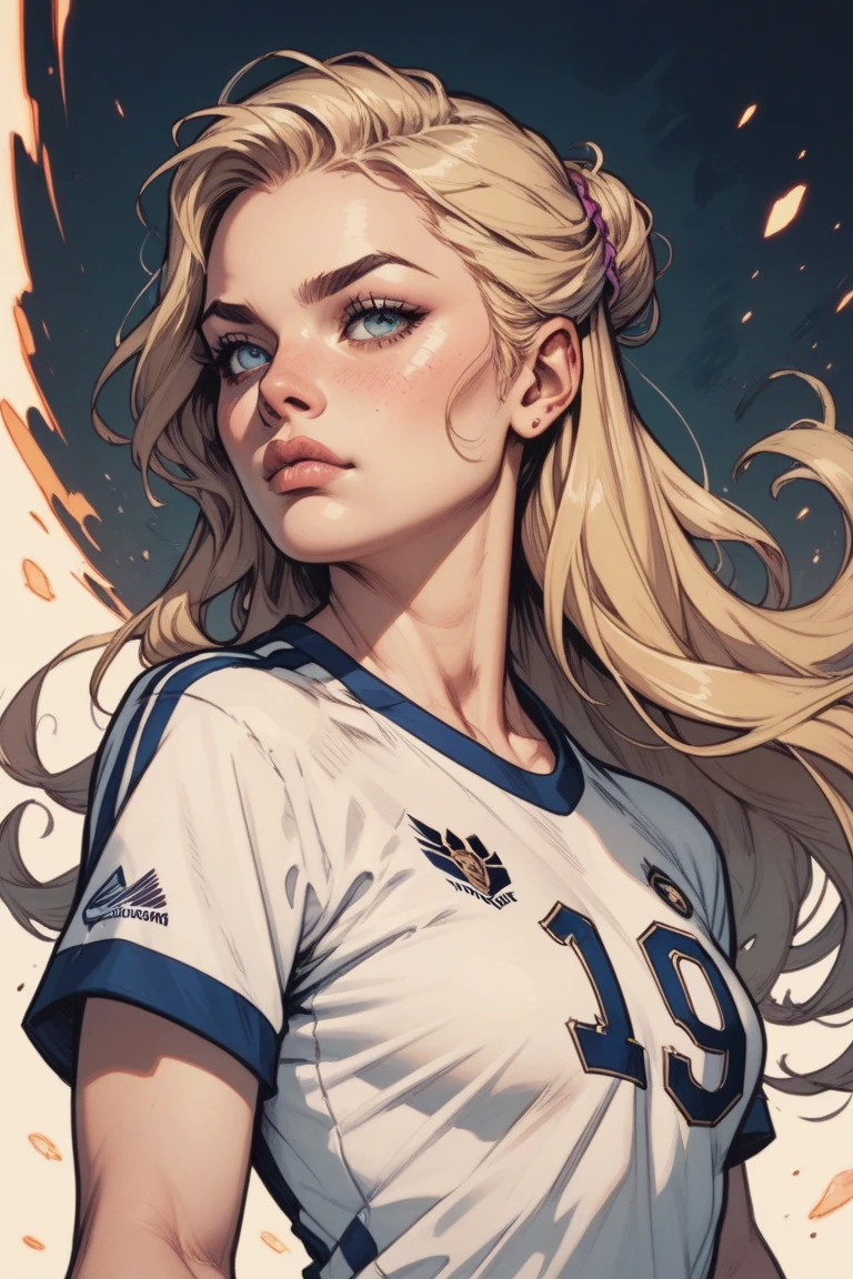 DO THE CREATION OF A BLONDE GIRL WITH LONG HAIR WEARING A SOCCER SHIRT LOOKING STRAIGHT AHEAD