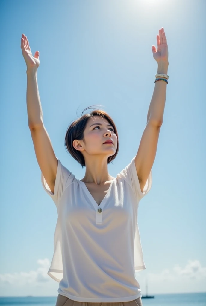 masterpiece,   top quality ,   movie stills  ,   Japanese ,  Female 1 person , Sexy Housewife,  small face , Cloud Girl,  In the sky, close,   bright  ,   happy  ,  Warm, soft light , (sunset:0.7), Open your arms、 look up at the sky without holding up an umbrella, Wife, short hair, blue sky, sea side, Hurrah