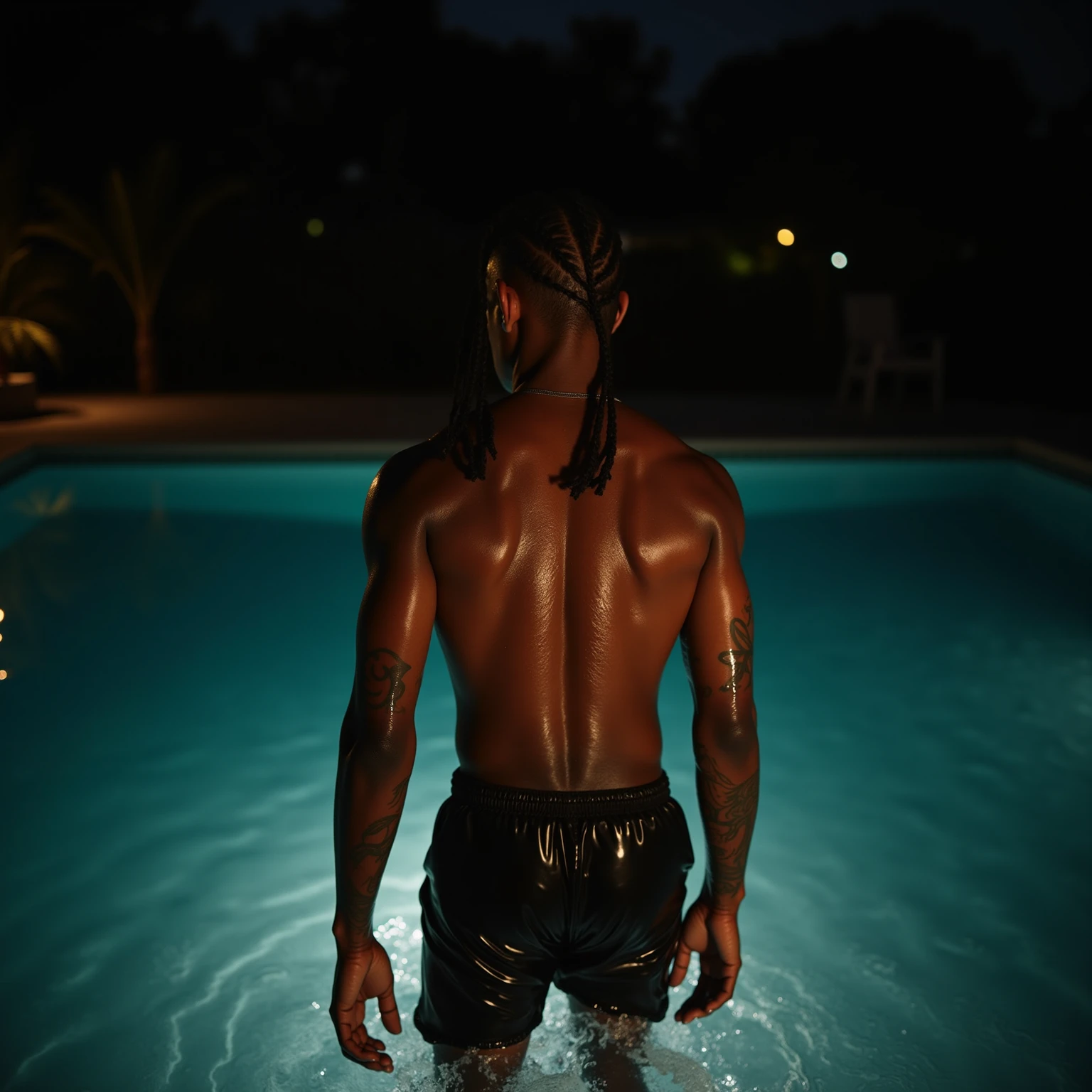 (black man,intenselyrealistic anatomy,detailed facial features,masculine physique:1.1),naked in the lake,bathing in the late afternoon,texture vividly rendered,realistic water and reflections,subtle ripples,HDR lighting,ultra-detailed body contours,3D rendering,high resolution:1.2,8K resolution:1.2,jumping into the pond,water droplets,immaculate skin complexion,perfect body proportions,