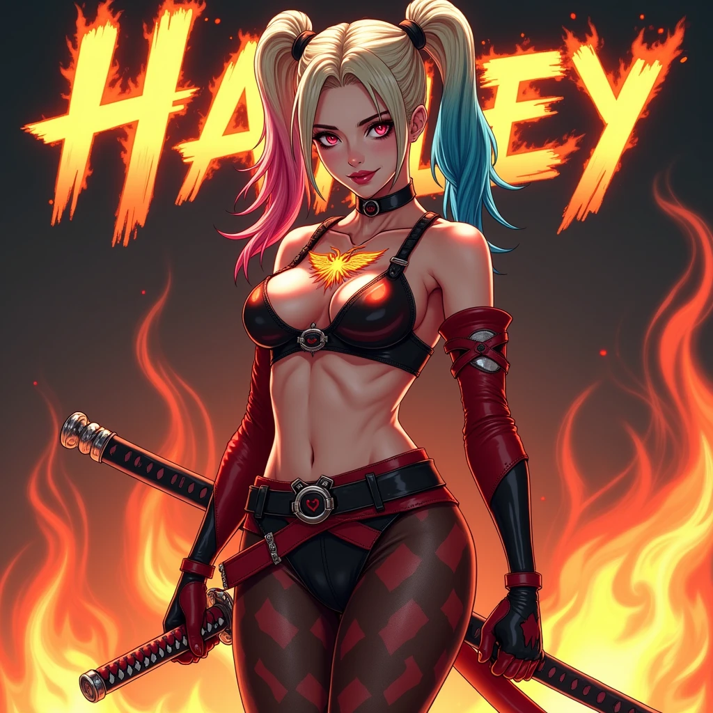 (((COMIC STYLE, CARTOON ART))). A comic-style image of (((Harley Quinn))), with her as the central figure. She is standing with her hands on her hips, looking straight ahead with determination. She wears a red and black costume, with a white and black mask. She has short, straight blonde hair, blue eyes and red lips. (((hot body, sexy, sensual, camel toes))) She is surrounded by a night city, with skyscrapers, bridges and lights. She has a determined and confident expression, as if she is ready to fight crime.