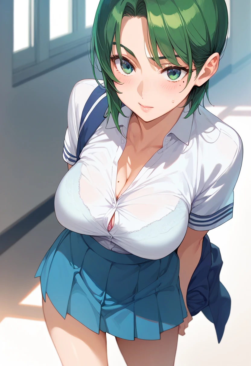 momokino, large breasts, short hair, green hair, mole, school uniform, skirt　undressing,show　bra.ブラリフト　バックビュー　振り返る　stairs,