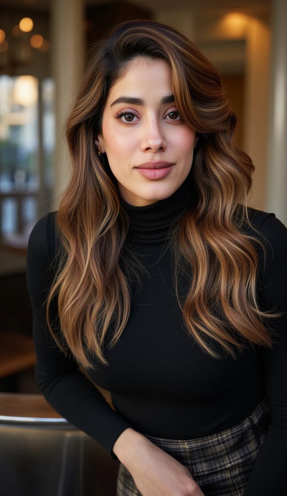 beautiful detailed photograph, light brown hair cascading over her shoulders, wearing a turtleneck dress standing in cafe looking at the viewer, smiling