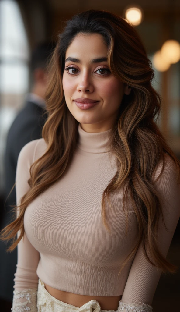 beautiful detailed photograph, light brown hair cascading over her shoulders, wearing a turtleneck dress standing in cafe looking at the viewer, smiling