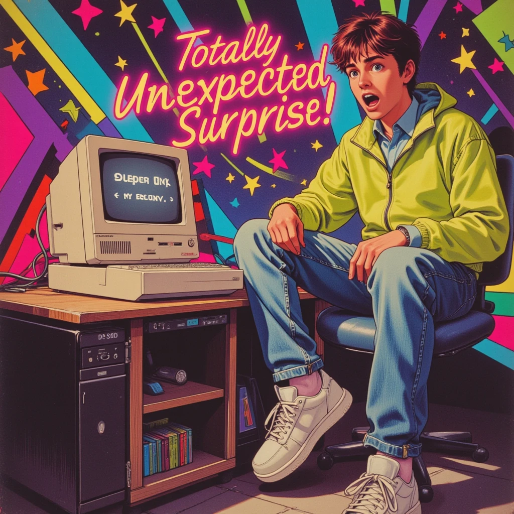 A humorous and retro-inspired IG influencer photograph captures a young man sitting in front of a vintage computer, with a shocked and surprised expression on his face, as if he's just discovered he's been catfished online. He is dressed in 80s-style clothing, complete with a neon windbreaker, high-waisted jeans, and white sneakers. The photograph is taken from a slightly low angle, emphasizing the man's surprise and disbelief. The background features a mix of colorful geometric shapes and patterns, reminiscent of the 80s aesthetic. The title "Totally Unexpected (Surprise!)" appears in bold, neon letters in the center of the image. The overall design is visually engaging, exuding a sense of humor and nostalgia, perfectly encapsulating the essence of the 80s pop track