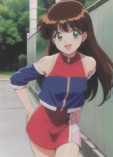 Asusdol,  1 girl, Alone, heart,  hair ornament,emerald green eyes,  short jacket,  dress, open mouth, 1990s ( style for stilets), looking at viewer, smile,  outdoor, null,  Cowboy Shot ,  clevis cut out,  race queen 、lean forward