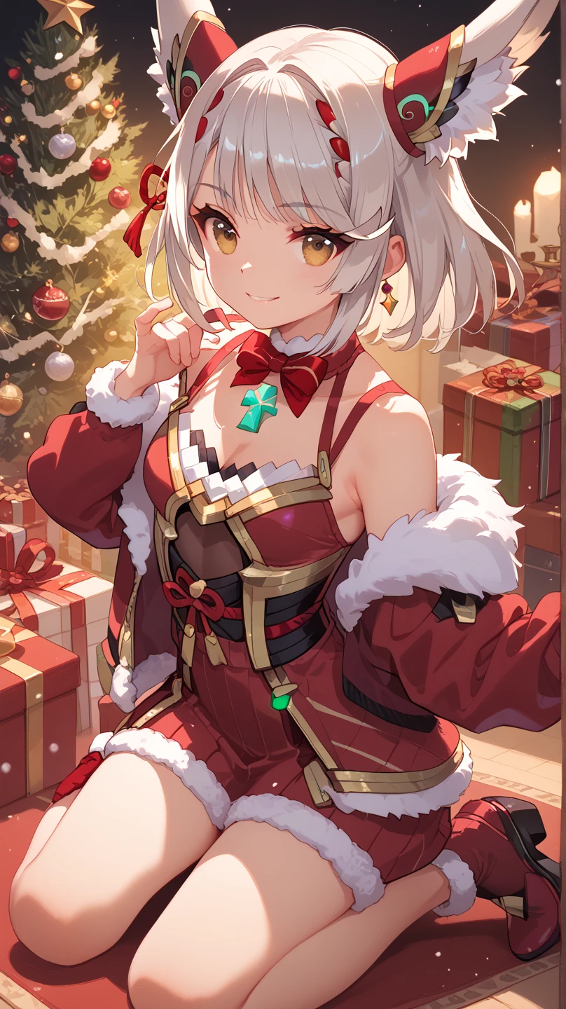 Master piece,  one girl, mio, xenoblade chronicles, smile, xmas costume, white hair, golden eyes, kneeling