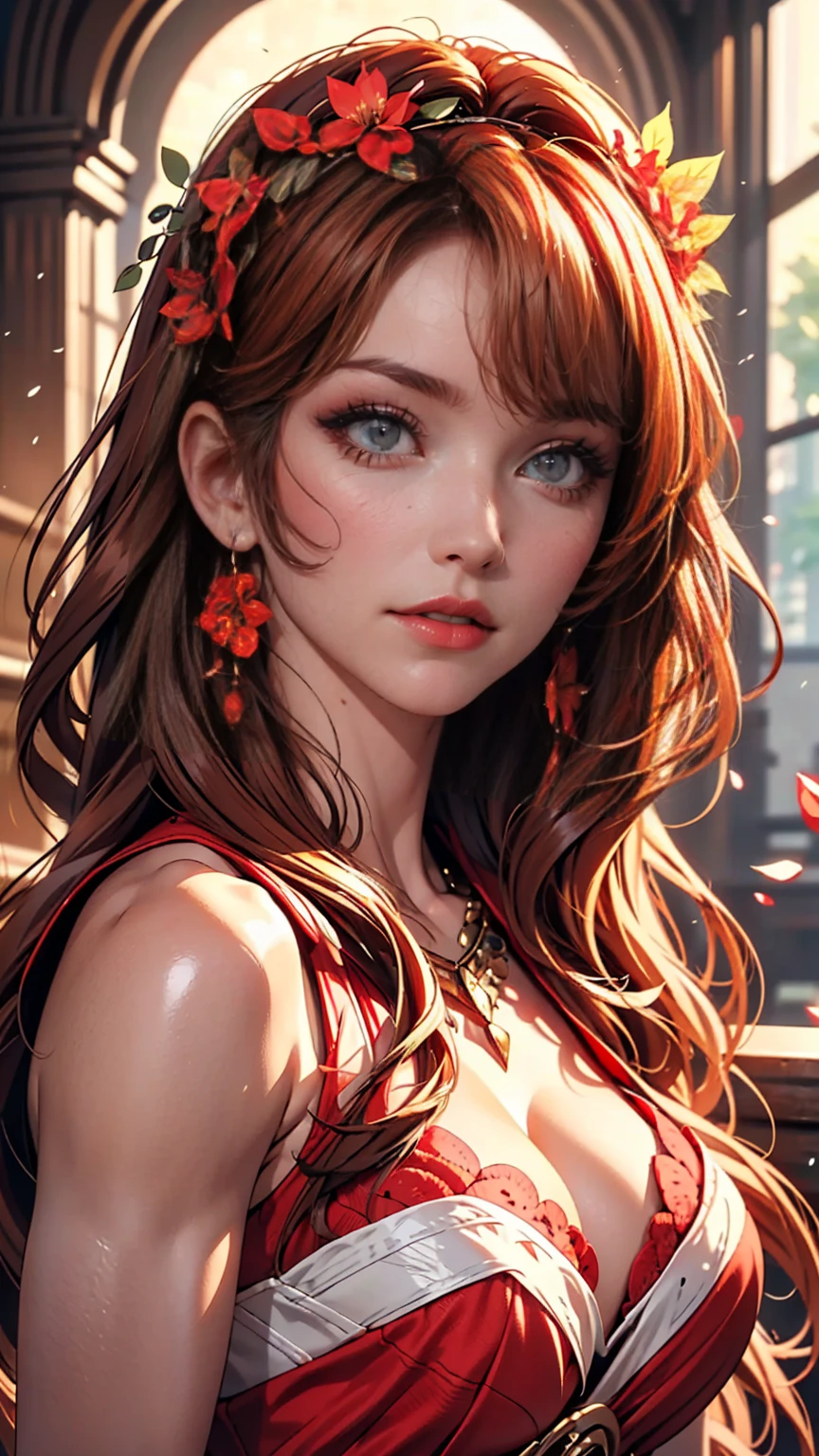 (masterpiece),( top quality:1.0), ( super high resolution :1.0),   detailed illustration, 8k, Anime,  1 girl , beautiful Anime girl,  wearing a red dress , flower crown, pretty face,  detailed face ,   beautiful eyes ,  detail eyes, Crimson Eyes, Bright red lips, Red lipstick,  beautiful stylish hair,  Hair Highlights , bangs Anime style,  top quality,  vibrant