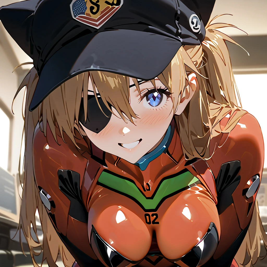         top quality,         top quality,          high quality images       ,     masterpiece  ,              super high resolution       ,             detailed background    ,             absurd,           Perfect Anatomy     ,     ,      good lighting     ,          Photo Gallery    ,            neon genesis evangelion 、  Shikinami Asuka Langley、  red plug suit  、  eye patch、(Cat hat、black)、smile、