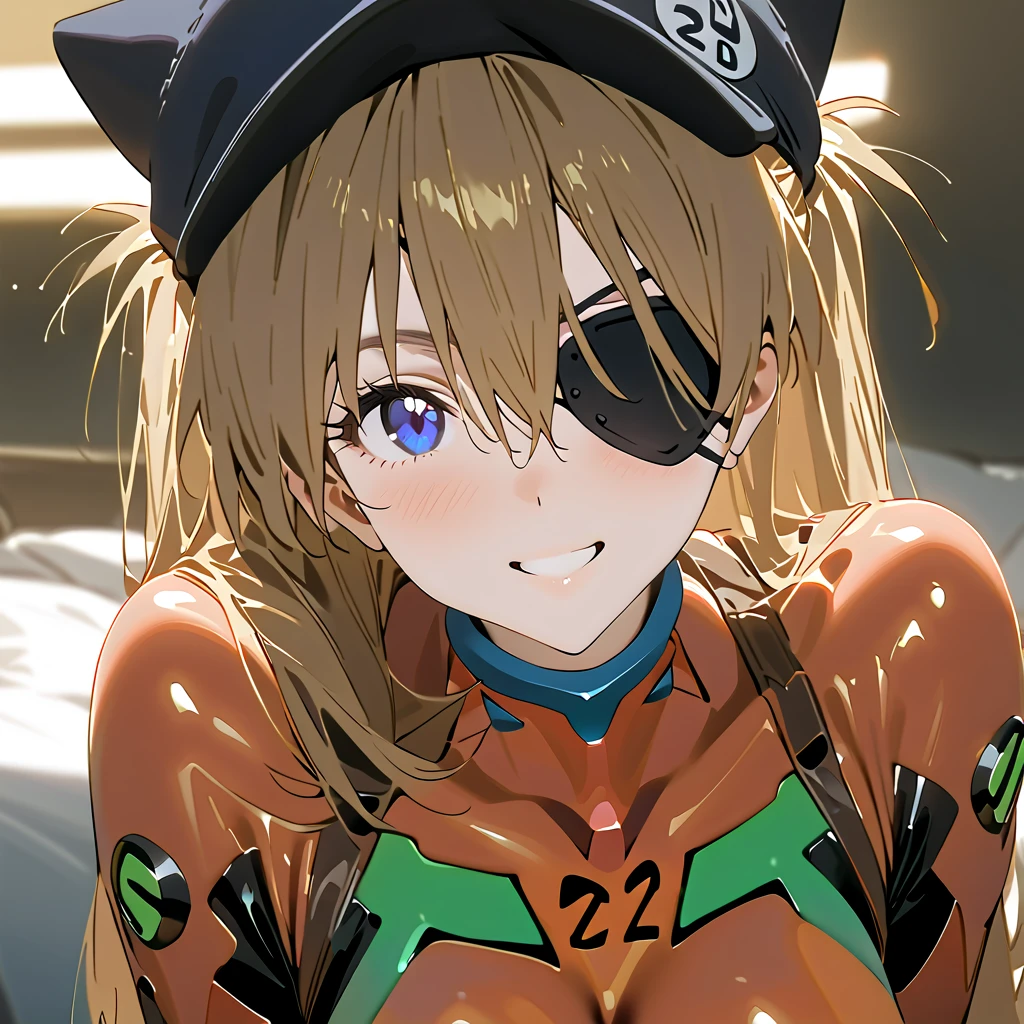         top quality,         top quality,          high quality images       ,     masterpiece  ,              super high resolution       ,             detailed background    ,             absurd,           Perfect Anatomy     ,     ,      good lighting     ,          Photo Gallery    ,            neon genesis evangelion 、  Shikinami Asuka Langley、  red plug suit  、  eye patch、(Cat hat、black)、smile、