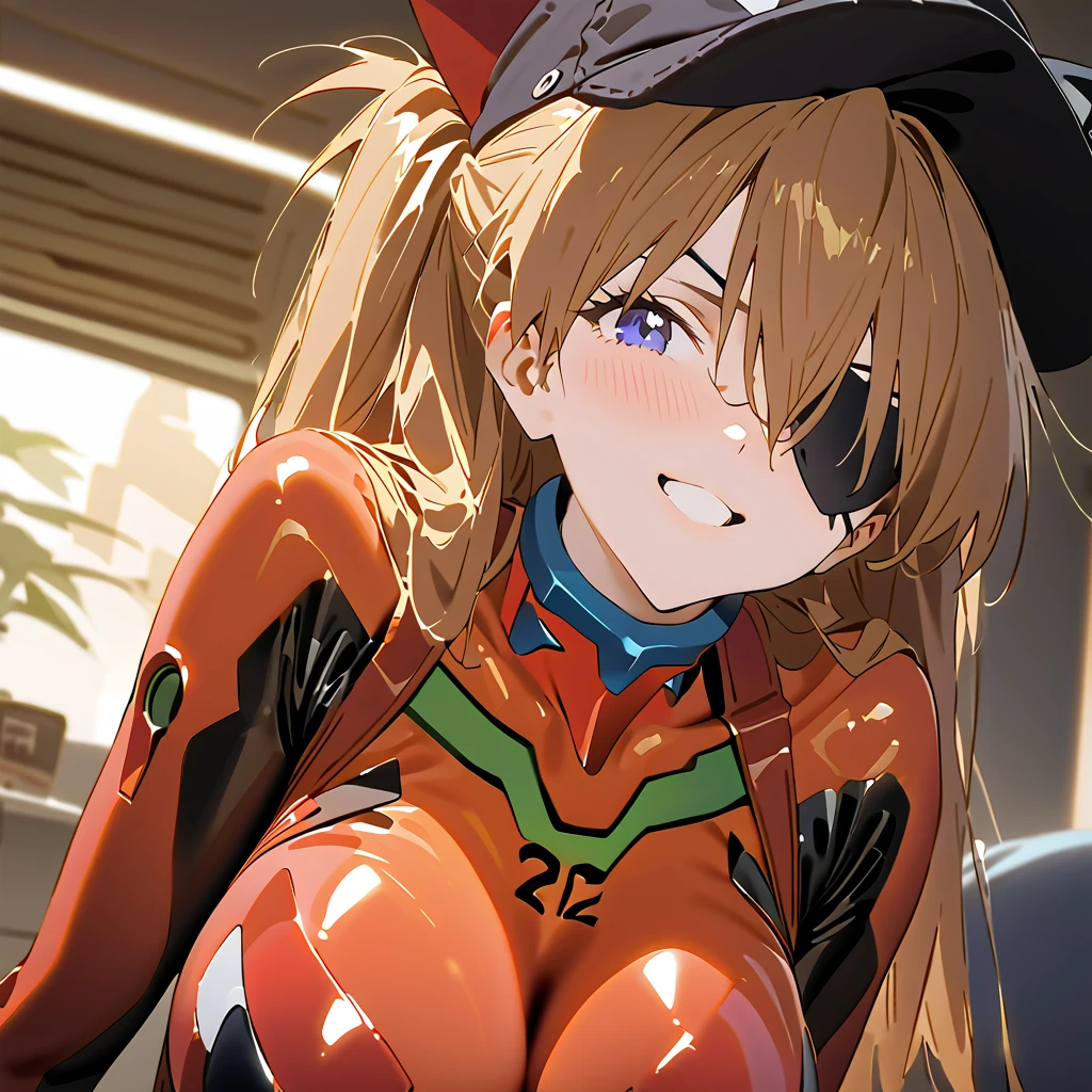         top quality,         top quality,          high quality images       ,     masterpiece  ,              super high resolution       ,             detailed background    ,             absurd,           Perfect Anatomy     ,     ,      good lighting     ,          Photo Gallery    ,            neon genesis evangelion 、  Shikinami Asuka Langley、  red plug suit  、  eye patch、(Cat hat、black)、smile、