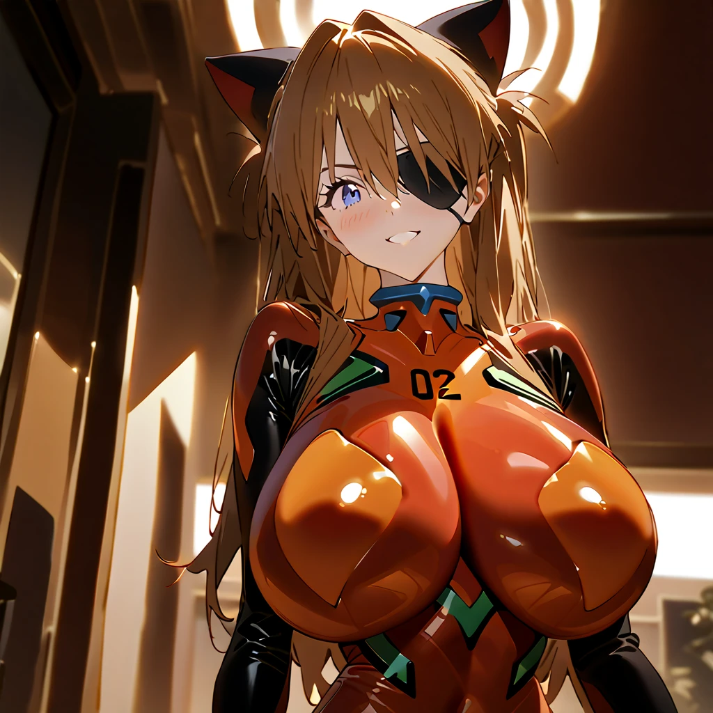         top quality,         top quality,          high quality images       ,     masterpiece  ,              super high resolution       ,             detailed background    ,             absurd,           Perfect Anatomy     ,     ,      good lighting     ,          Photo Gallery    ,            neon genesis evangelion 、  Shikinami Asuka Langley、  red plug suit  、  eye patch、(Cat hat、black)、smile、 huge breasts、