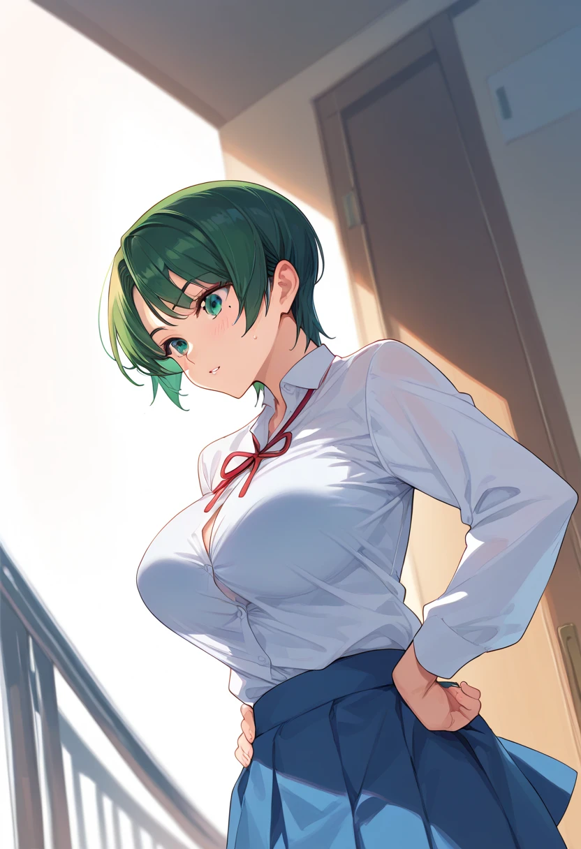 momokino, large breasts, short hair, green hair, mole, school uniform, skirt　undressing,show　bra.ブラリフト　バックビュー　振り返る　stairs,hands on hips,