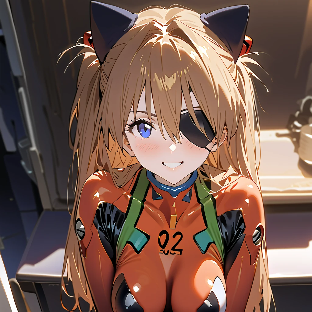         top quality,         top quality,          high quality images       ,     masterpiece  ,              super high resolution       ,             detailed background    ,             absurd,           Perfect Anatomy     ,     ,      good lighting     ,          Photo Gallery    ,            neon genesis evangelion 、  Shikinami Asuka Langley、  red plug suit  、  eye patch、(Cat hat、black)、smile、