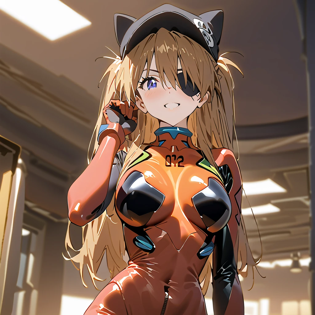         top quality,         top quality,          high quality images       ,     masterpiece  ,              super high resolution       ,             detailed background    ,             absurd,           Perfect Anatomy     ,     ,      good lighting     ,          Photo Gallery    ,            neon genesis evangelion 、  Shikinami Asuka Langley、  red plug suit  、  eye patch、(Cat hat、black)、smile、