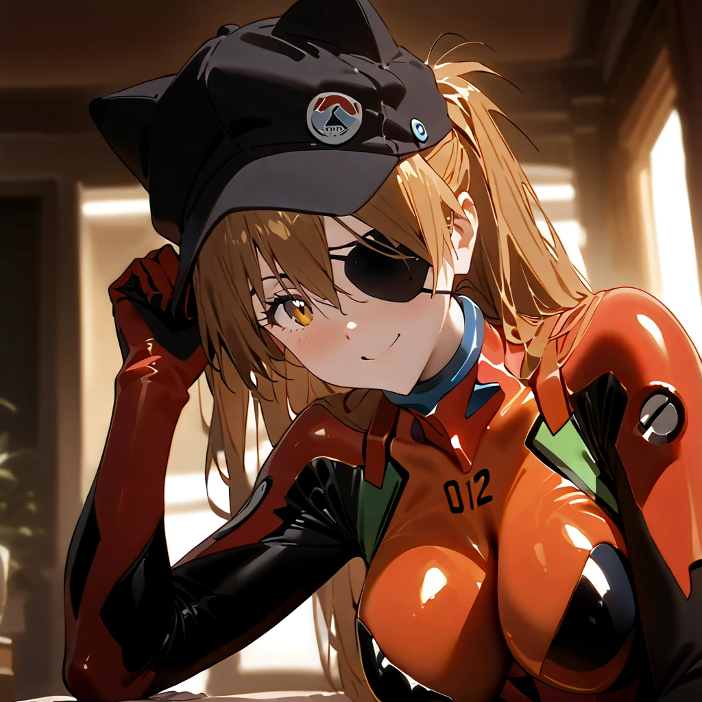         top quality,         top quality,          high quality images       ,     masterpiece  ,              super high resolution       ,             detailed background    ,             absurd,           Perfect Anatomy     ,     ,      good lighting     ,          Photo Gallery    ,            neon genesis evangelion 、  Shikinami Asuka Langley、  red plug suit  、  eye patch、(Cat hat、black)、smile、