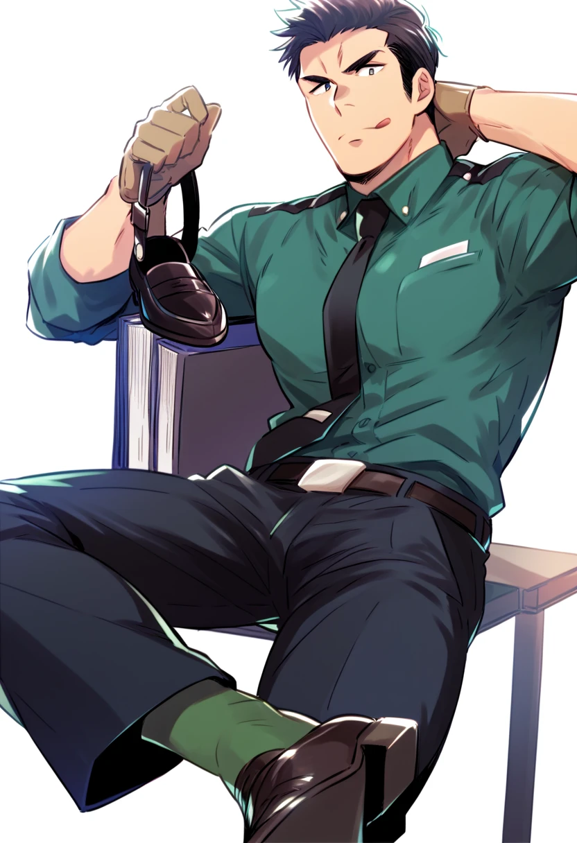 male focus, solo, ikemen, mature, male only, tough man, bold, eyes fix, flat chest, sturdy waist, 50 years old, office worker, collared shirt, tie, three piece suit, belt, slacks, tight clothes, whole body, sitting, invisible chair,  looking at viewer, (white background, simple background:1.5), masterpiece, best quality, mta, foor worship, showing his socked foot:2, long tube calf black or green socks, slytherin, dominating male pose:2, muscle, lick his shoe sole, russian guy 