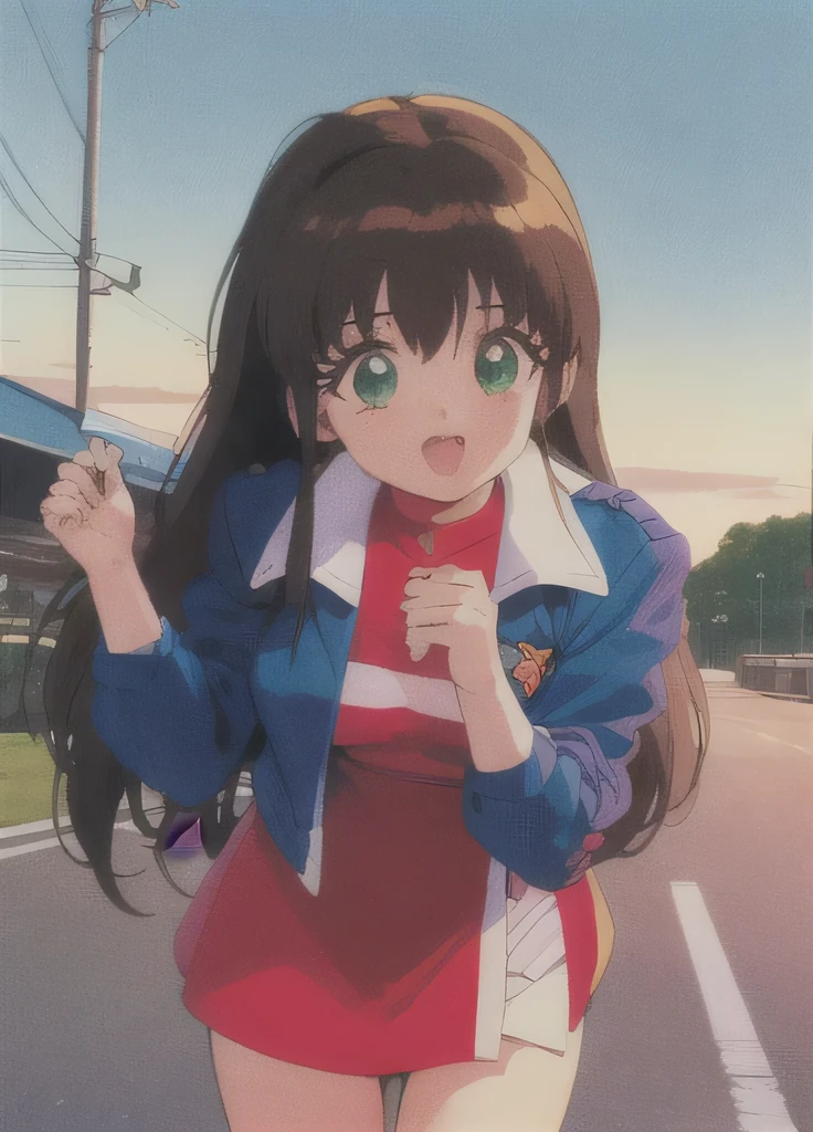 Asusdol,  1 girl, Alone, heart,  hair ornament,emerald green eyes,  short jacket,  dress, open mouth, 1990s ( style for stilets), looking at viewer, smile,  outdoor, null,  Cowboy Shot ,  clevis cut out,  race queen 、lean forward