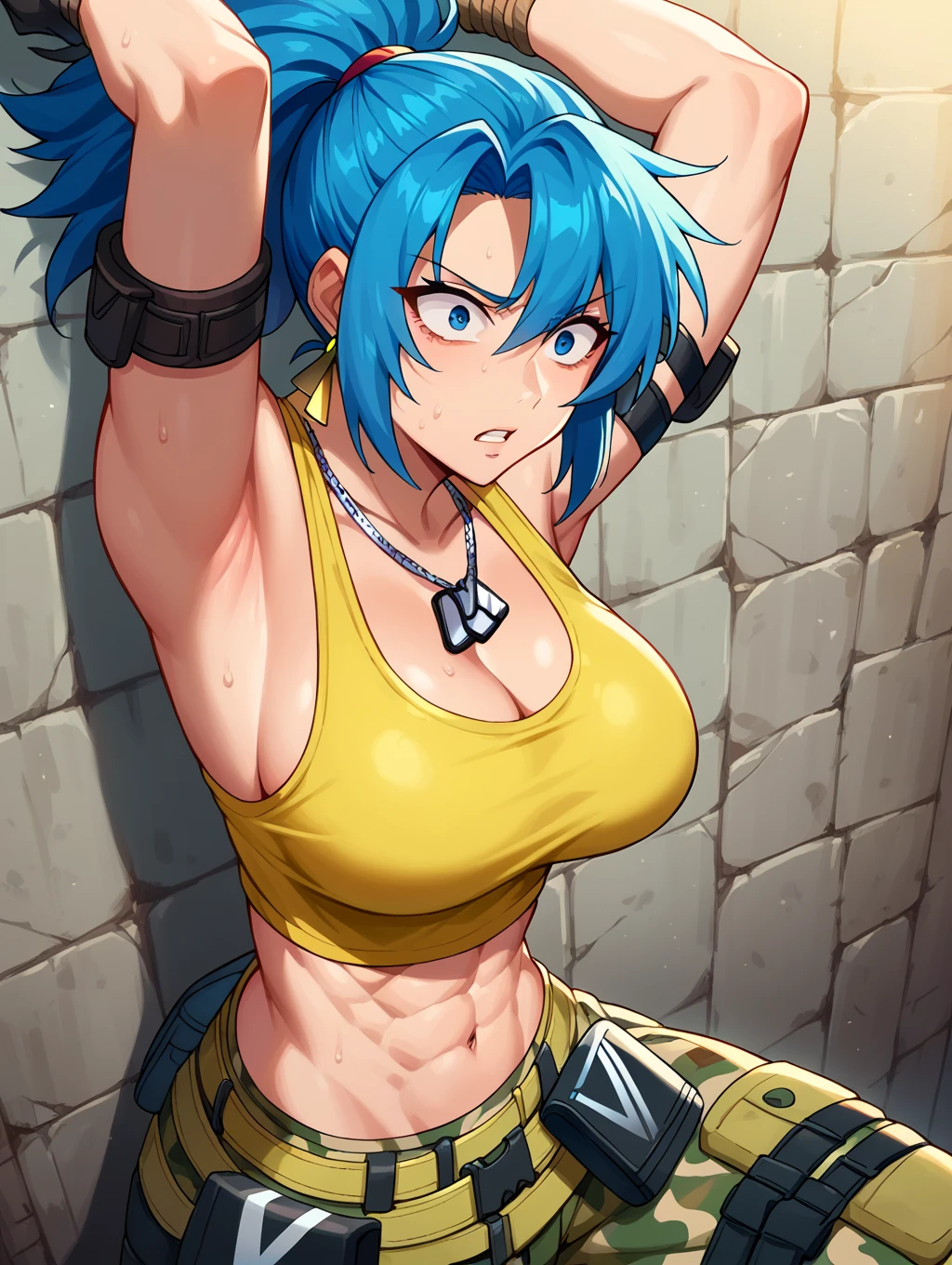 PonyLeona, dark yellow tank top, midriff, cleavage, camouflage pants, triangle earrings, black gloves, looking at armpit, parted lips, blue hair, ponytail, dog tags, military background, armpit open up, hands tied, scared facial expression, muscular, shoulder bracelet, tied to the wall, stick on the wall