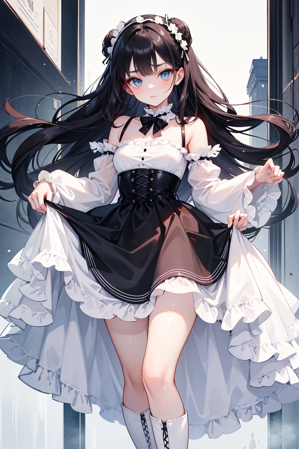 Ultra precision,masterpiece,highest quality,((((Full body portrait)))), Standing picture,one girl, beautiful girl, adult girl,( look at me), So pretty face,(((black hair))),Hair is long and straight, blunt bangs,I eninaeic gtqlt ((lot) ni to, ailglatgrlk,e c,e a) Hs tb n( golden eyes), detailed slanted eyes, cool look, Rose long dress, lance gloves, wear a lot, Small breasts, Solid color back ground,,