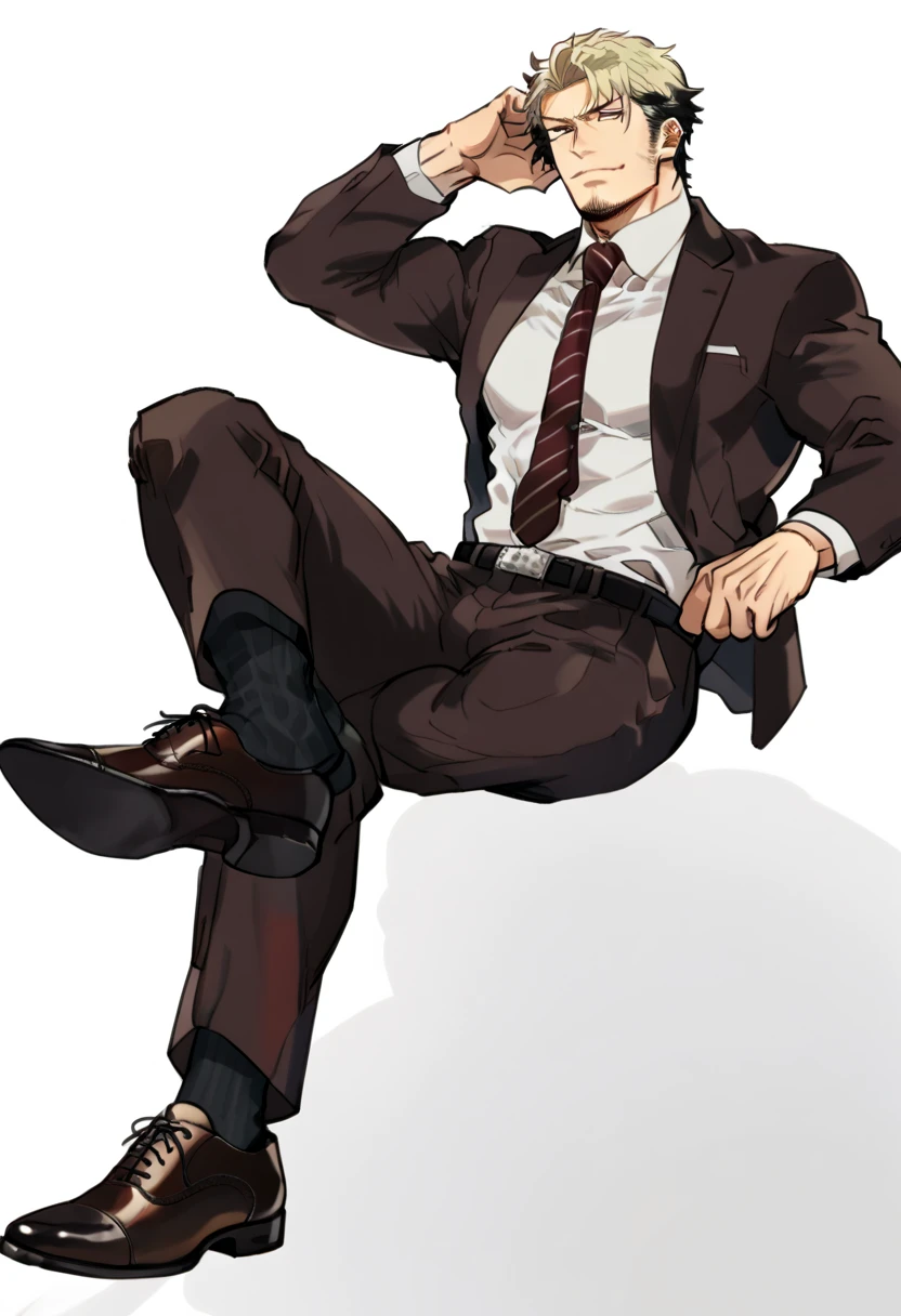 male focus, muscled male, solo, ikemen, mature, male only, swedish, blond, tough man, bold, eyes fix, flat chest, sturdy waist, 50 years old, office worker, collared shirt, tie, three piece suit, belt, slacks, tight clothes, whole body, sitting, invisible chair,  looking at viewer, (white background, simple background:1.5), masterpiece, best quality, mta, foor worship, showing his socked foot:2, long tube calf black fancy socks, dominating male pose:2, muscle, lick his shoe sole, russian guy, long shot 